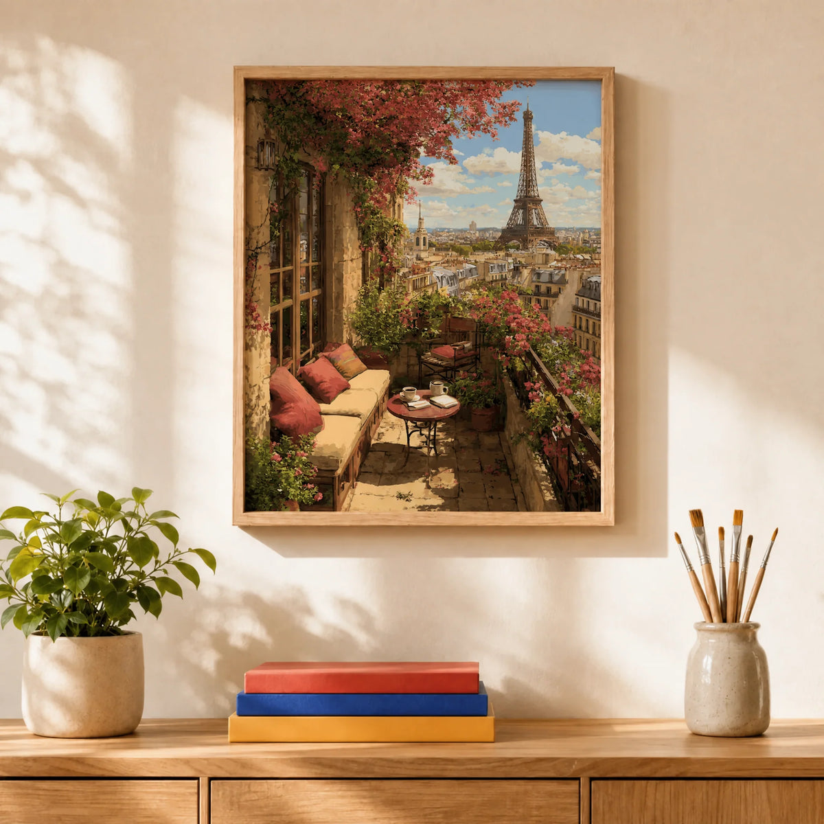 Paris Balcony Paint by Numbers Kit: finished canvas displayed in a living room
