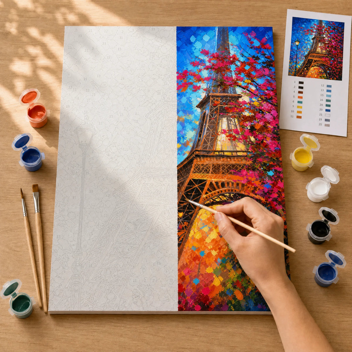 Paris in Red Paint by Numbers Kit: before and after: numbered canvas and hand painted result