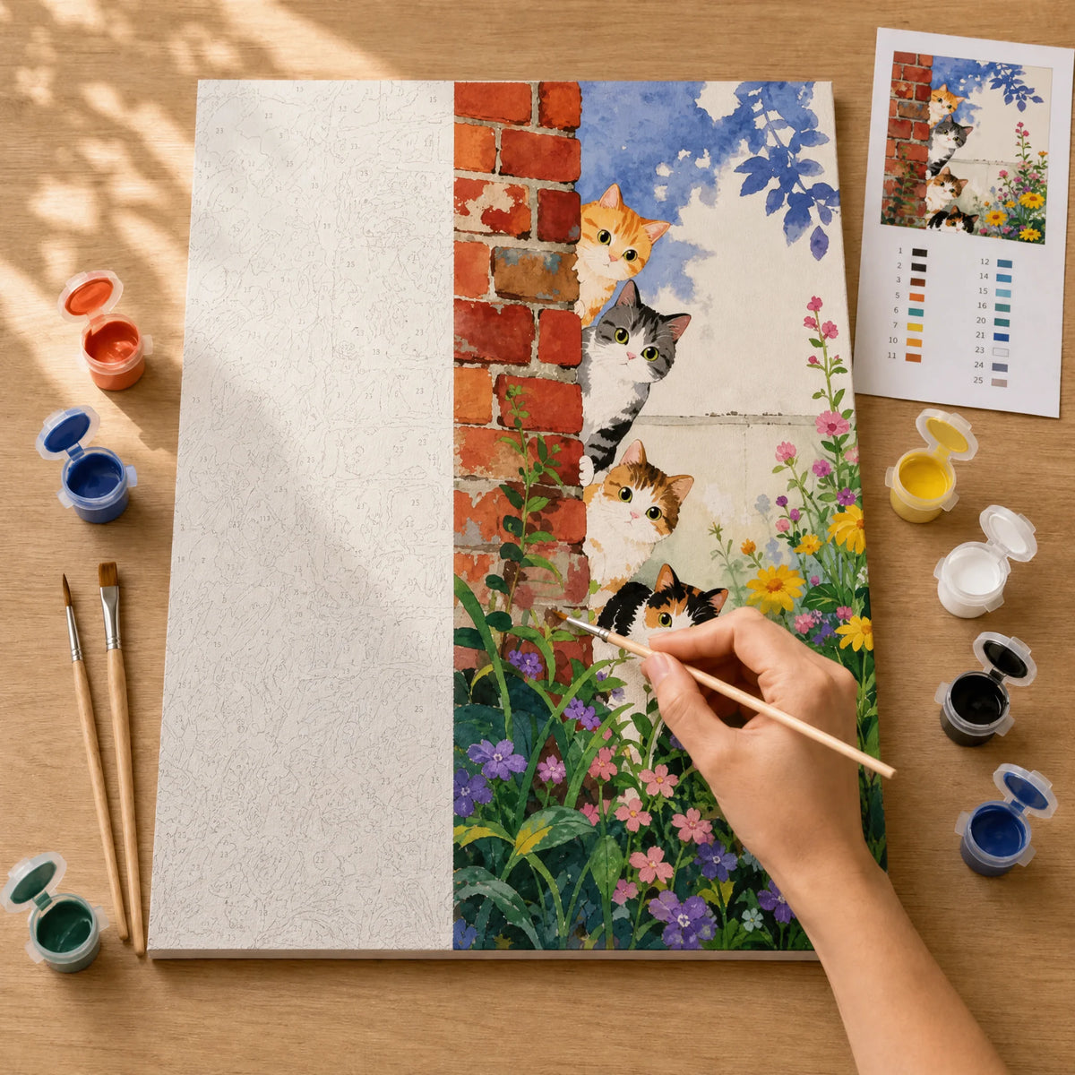 Peekaboo Kittens Paint by Numbers Kit: before and after: numbered canvas and hand painted result