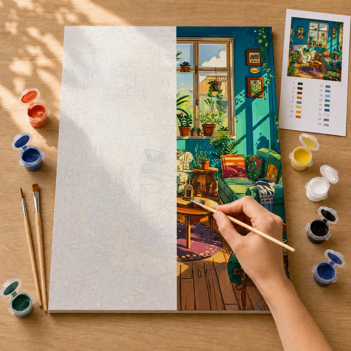 Plant Lover Living Room Paint by Numbers Kit: before and after: numbered canvas and hand painted result