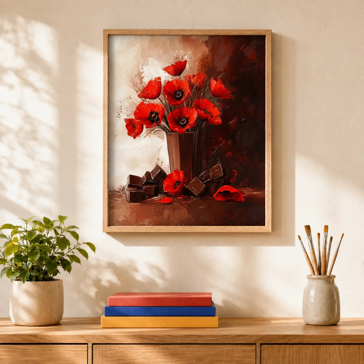 Poppies and Chocolate Paint by Numbers Kit: finished canvas displayed in a living room