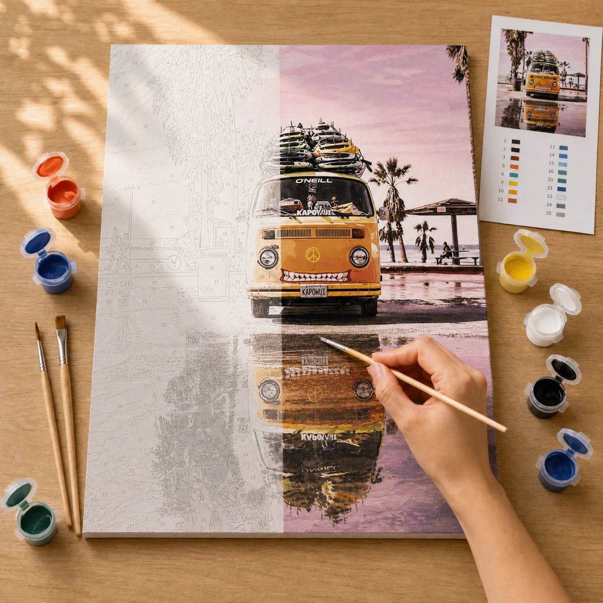 Retro Beach Van Paint by Numbers Kit: before and after: numbered canvas and hand painted result