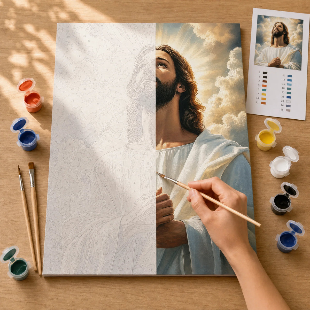 Risen Light Paint by Numbers Kit: before and after: numbered canvas and hand painted result