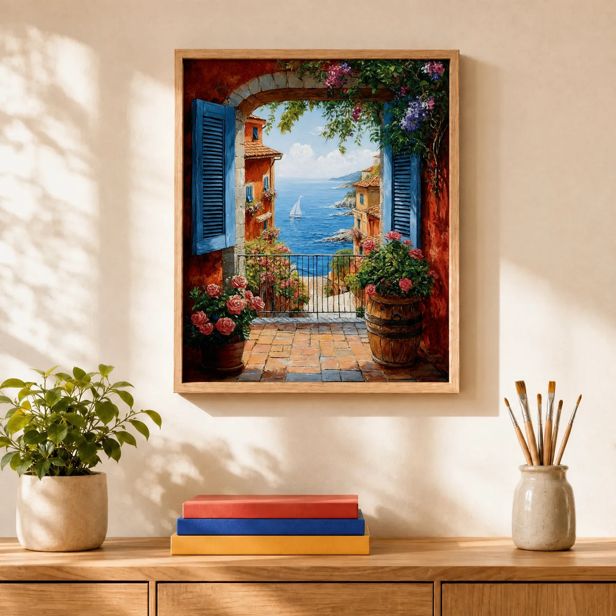 Riviera Archway Paint by Numbers Kit: finished canvas displayed in a living room