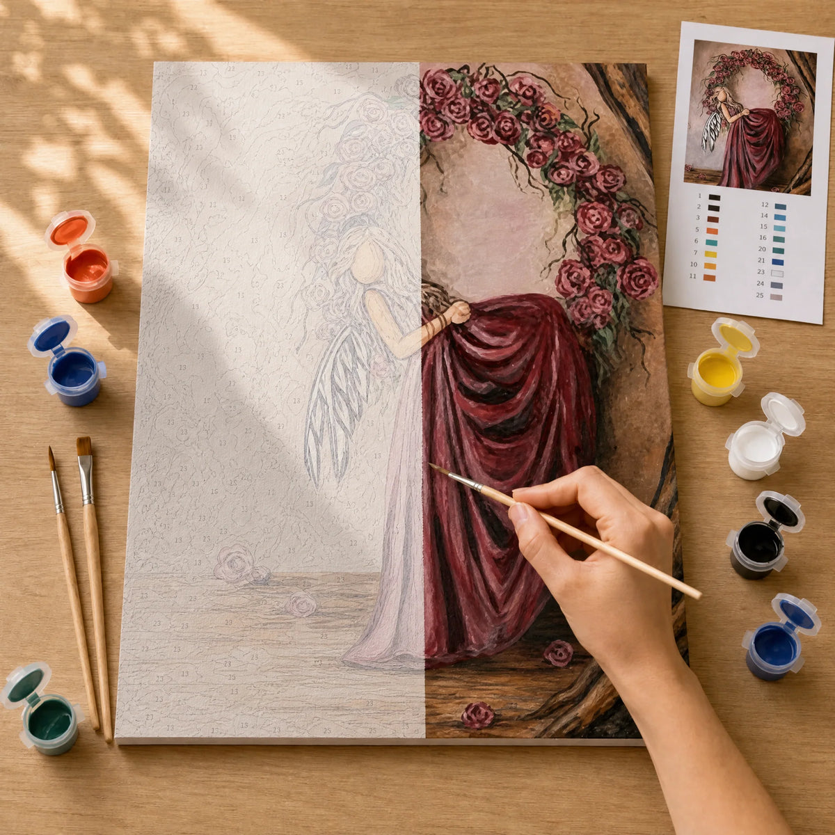 Rose Angel Paint by Numbers Kit: before and after: numbered canvas and hand painted result