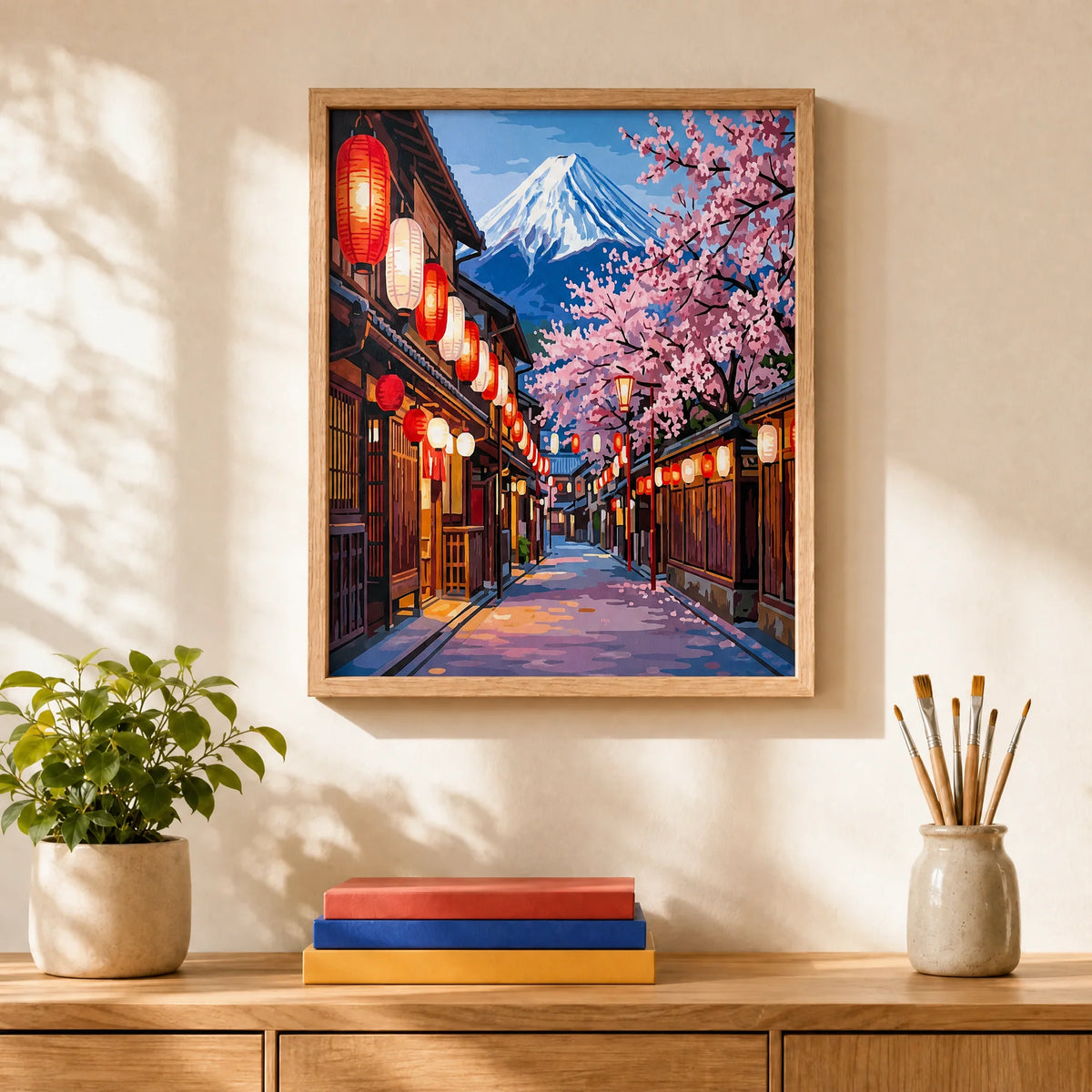 Sakura Street Mount Fuji Paint by Numbers Kit: finished canvas displayed in a living room
