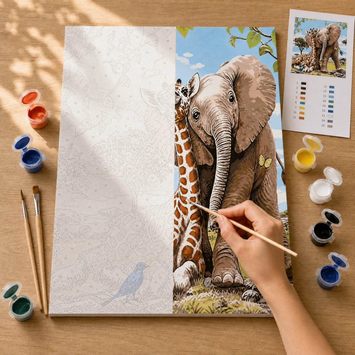 Savanna Friends Paint by Numbers Kit: before and after: numbered canvas and hand painted result