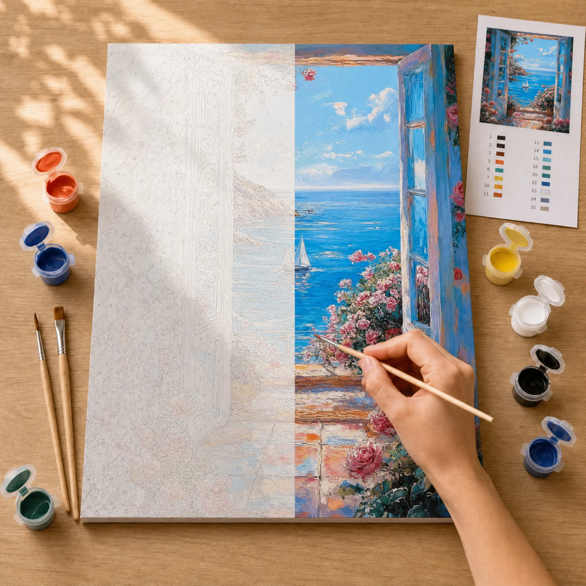 Sea Through the Window Paint by Numbers Kit: before and after: numbered canvas and hand painted result