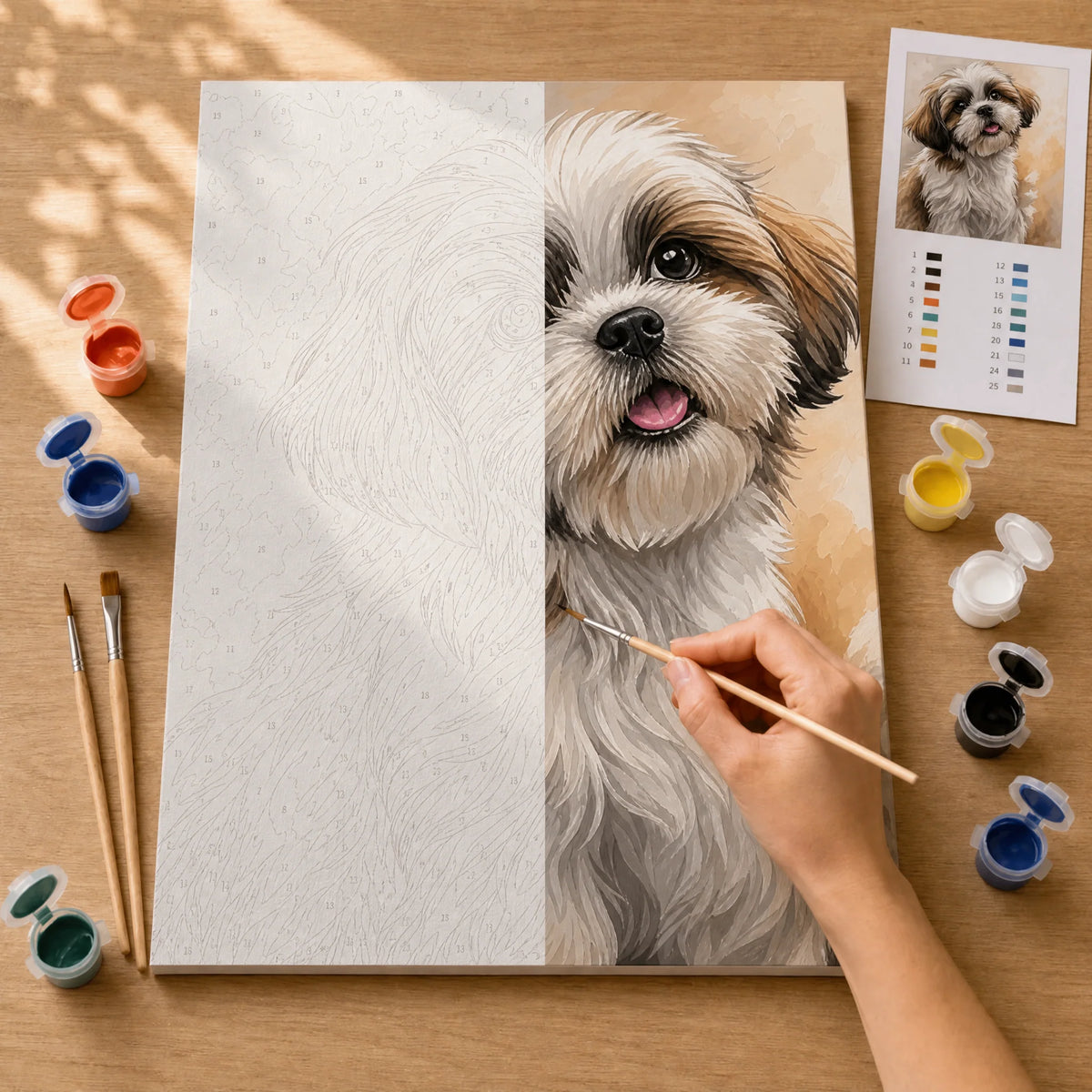 Shih Tzu Portrait Paint by Numbers Kit: before and after: numbered canvas and hand painted result
