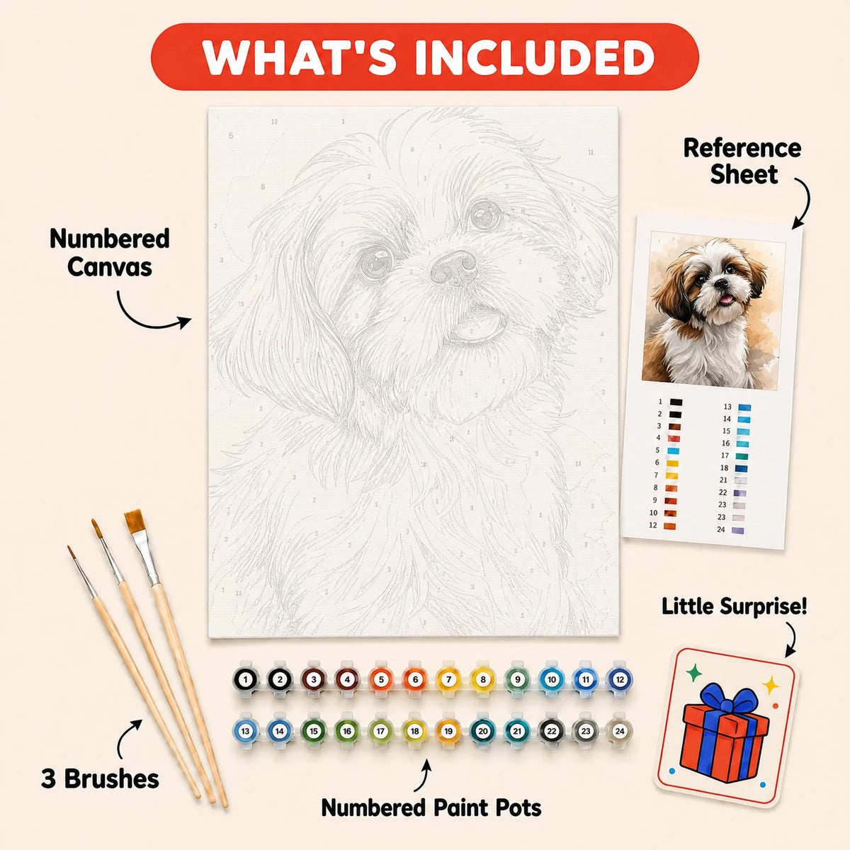 Shih Tzu Portrait Paint by Numbers Kit: everything included in the kit