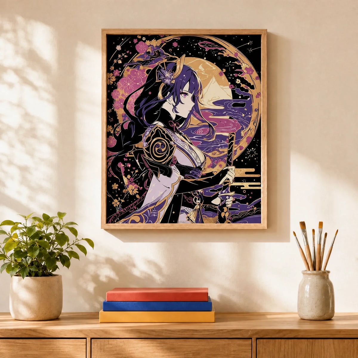 Shogun Purple Gold Paint by Numbers Kit: finished canvas displayed in a living room