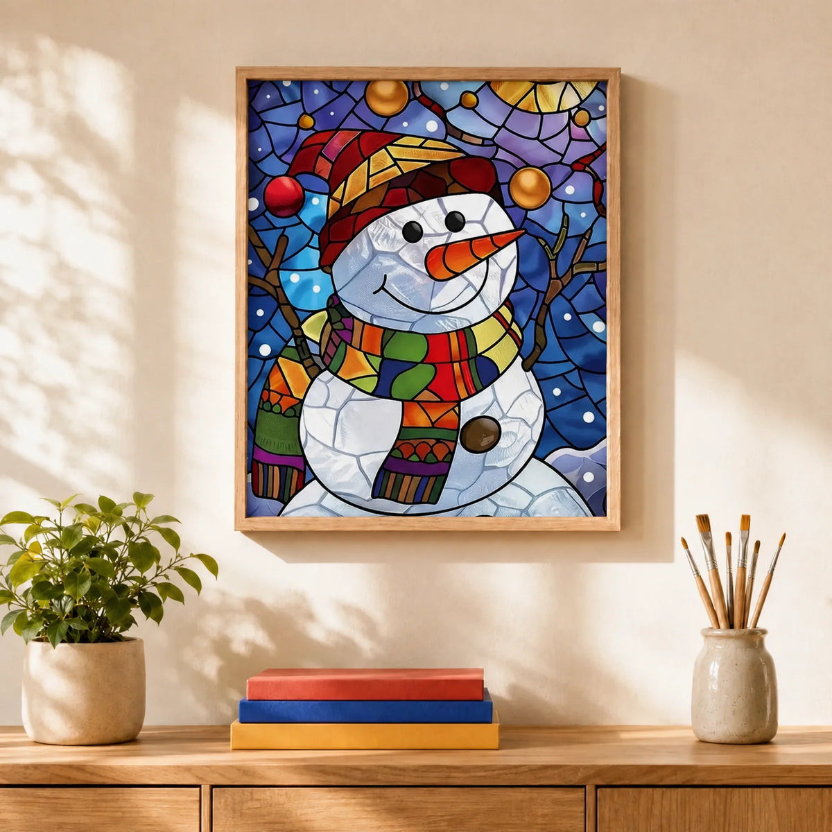 Stained Glass Snowman Paint by Numbers Kit: finished canvas displayed in a living room