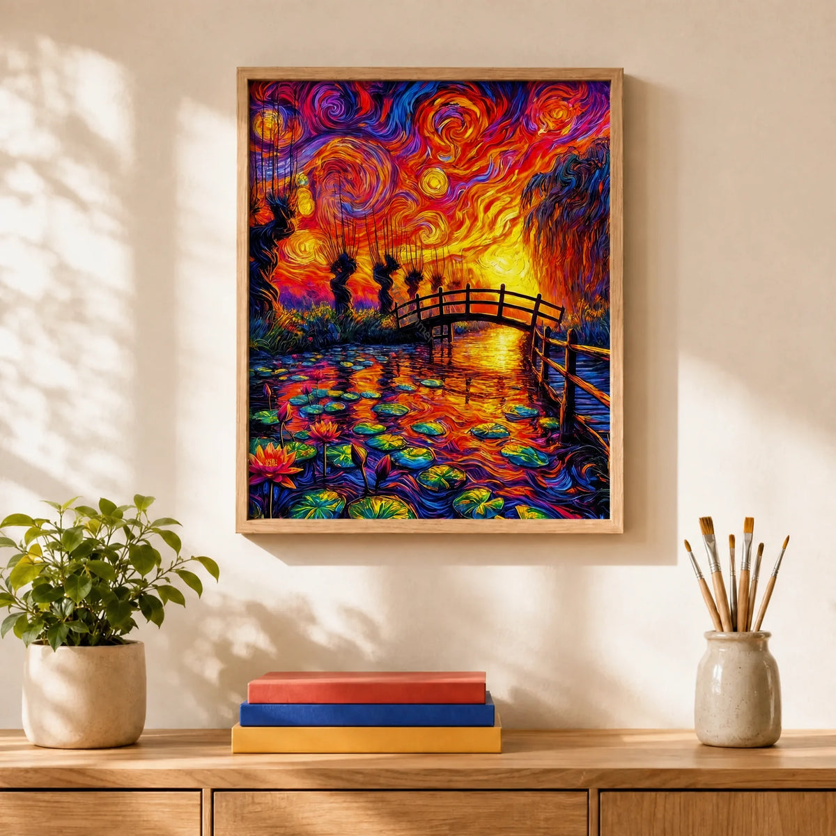 Starry Bridge Paint by Numbers Kit: finished canvas displayed in a living room