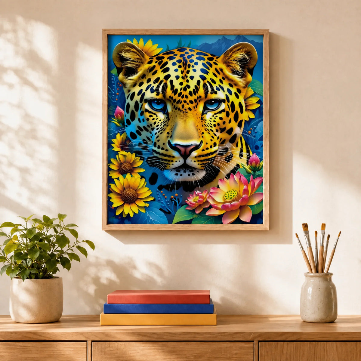 Sunflower Leopard Paint by Numbers Kit: finished canvas displayed in a living room