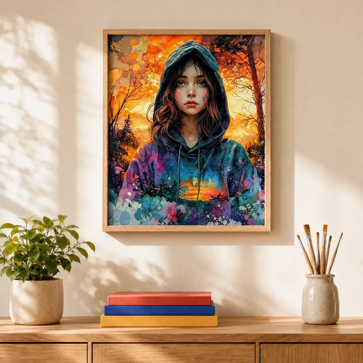 Sunset Hoodie Girl Paint by Numbers Kit: finished canvas displayed in a living room