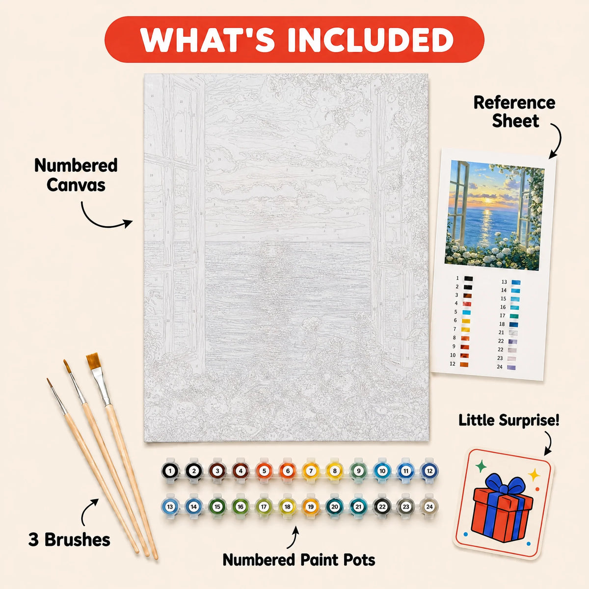 Sunset Window Paint by Numbers Kit: everything included in the kit