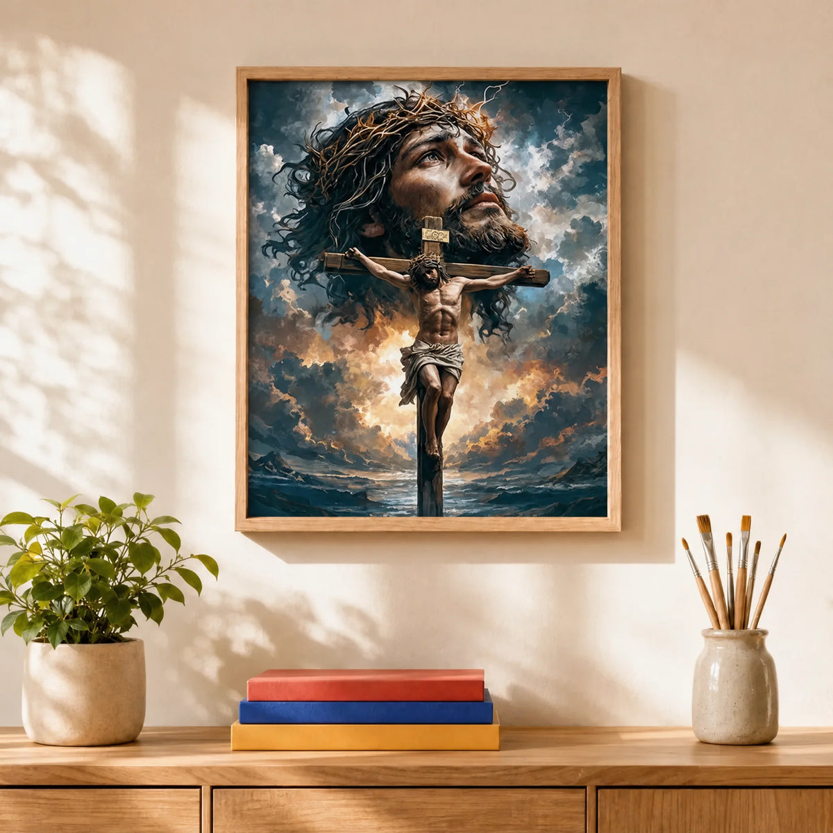 The Cross Paint by Numbers Kit: finished canvas displayed in a living room
