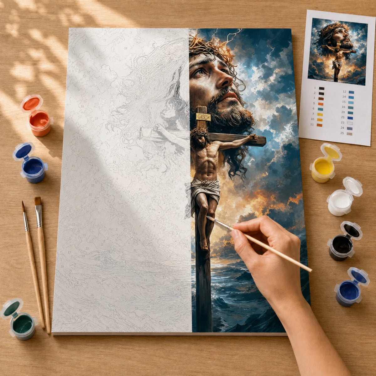 The Cross Paint by Numbers Kit: before and after: numbered canvas and hand painted result