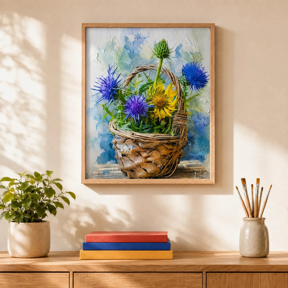 Thistle Basket Paint by Numbers Kit: finished canvas displayed in a living room