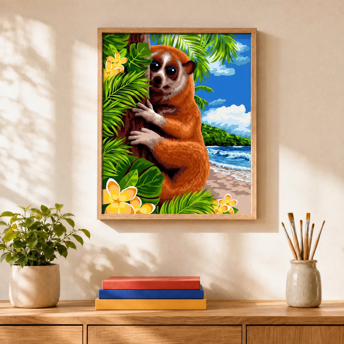 Tropical Loris Paint by Numbers Kit: finished canvas displayed in a living room