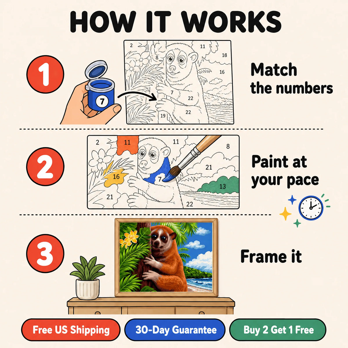Tropical Loris Paint by Numbers Kit: how paint by numbers works step by step