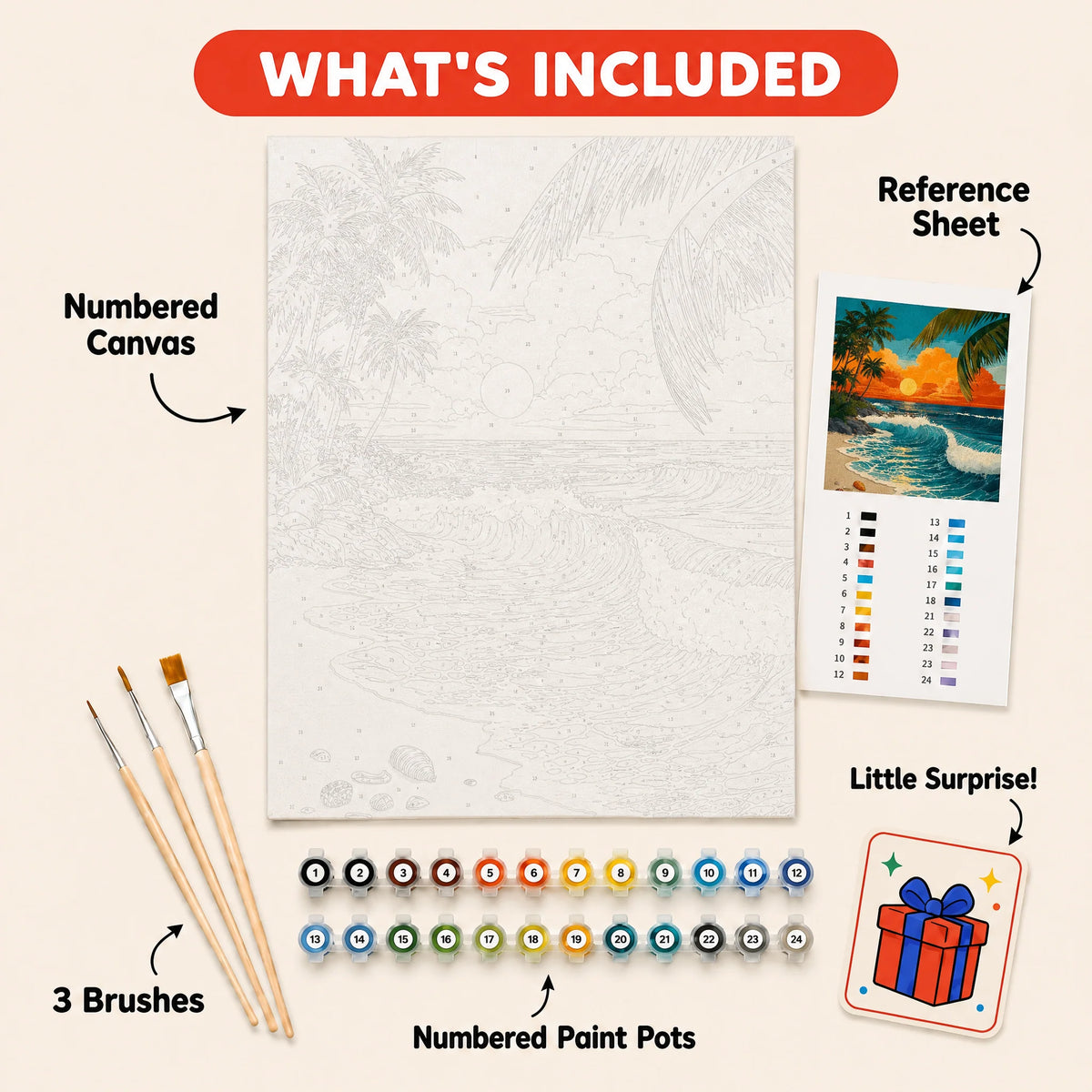 Vintage Sunset Surf Paint by Numbers Kit: everything included in the kit