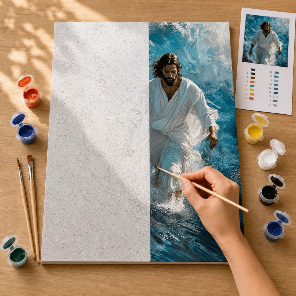 Walking on Water Paint by Numbers Kit: before and after: numbered canvas and hand painted result
