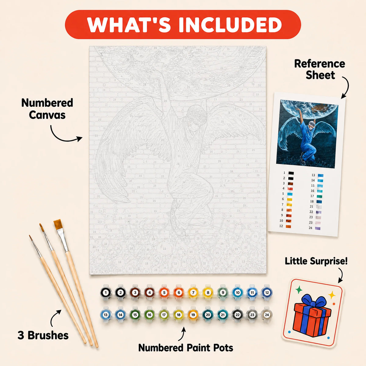 Winged Street Art Paint by Numbers Kit: everything included in the kit