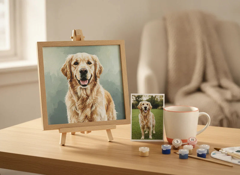 Framed custom paint by numbers portrait of a golden retriever next to the original photo
