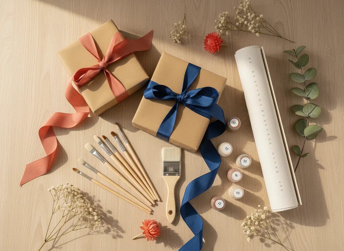 Wrapped gift boxes with ribbons next to paint brushes, a rolled numbered canvas and paint pots