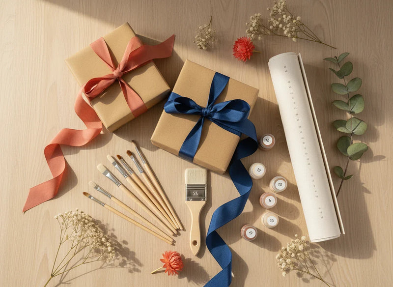 Wrapped gift boxes with ribbons next to paint brushes, a rolled numbered canvas and paint pots