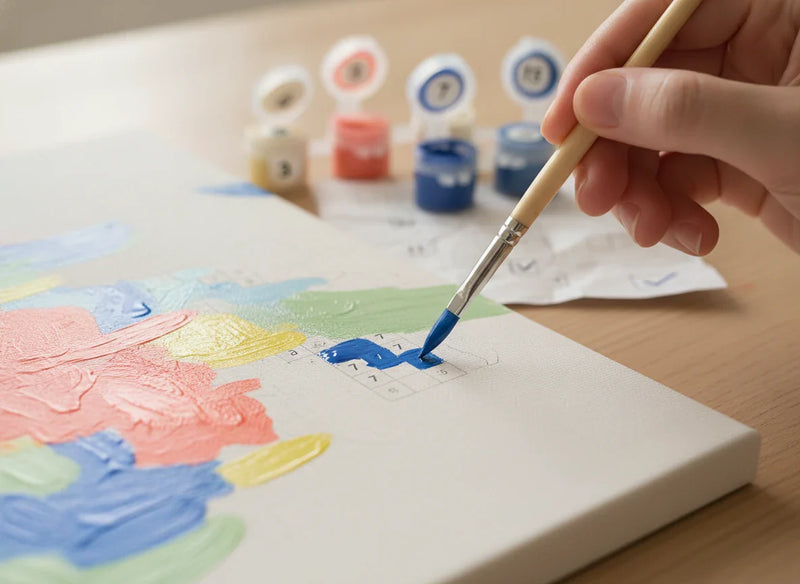 Fine brush filling a small numbered cell on a partly painted canvas