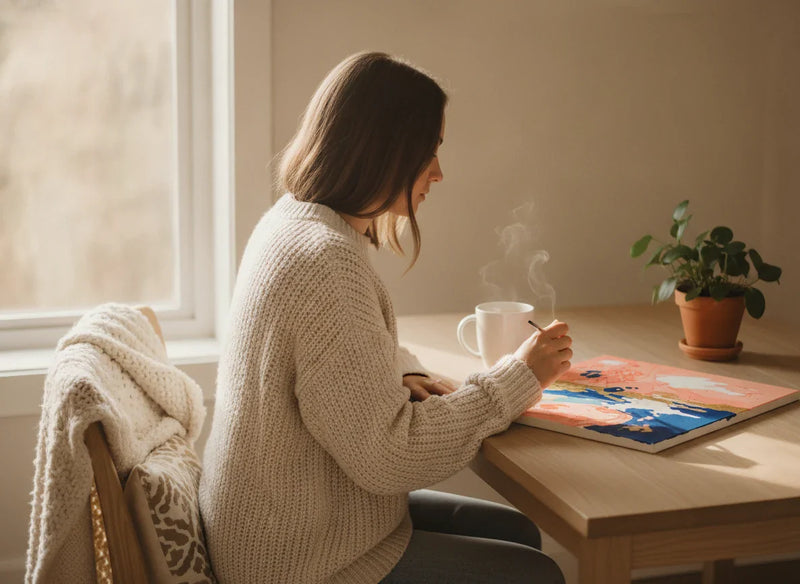 Person relaxing while painting a colorful paint by numbers canvas with a cup of tea