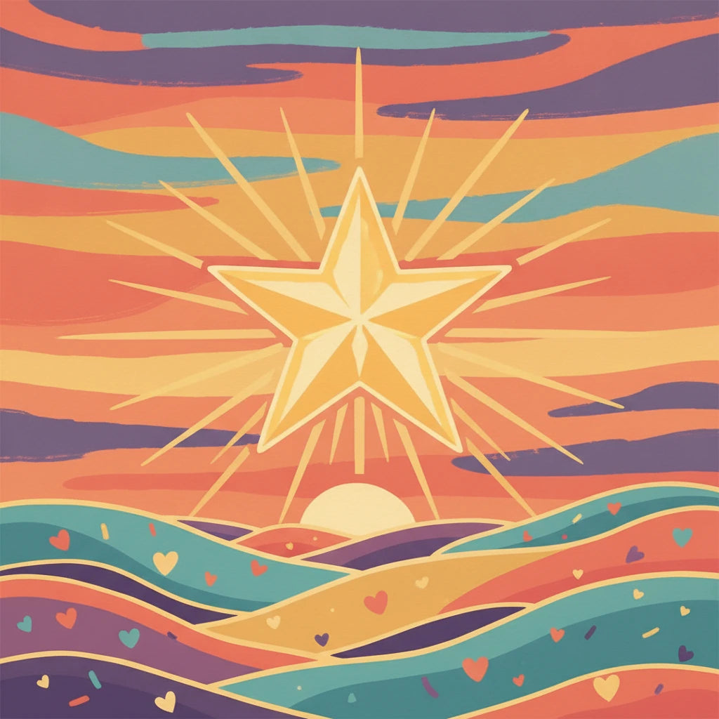 Best sellers: radiant golden star over colorful hills with hearts and confetti, celebratory flat illustration in paint by numbers style