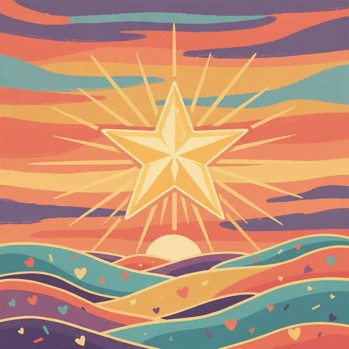 Best sellers: radiant golden star over colorful hills with hearts and confetti, celebratory flat illustration in paint by numbers style