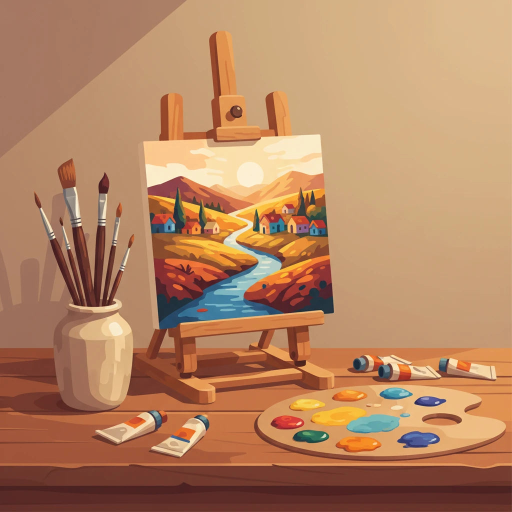 Paint by numbers accessories: wooden easel with canvas, detail brushes, palette and acrylic paint tubes, colorful flat illustration