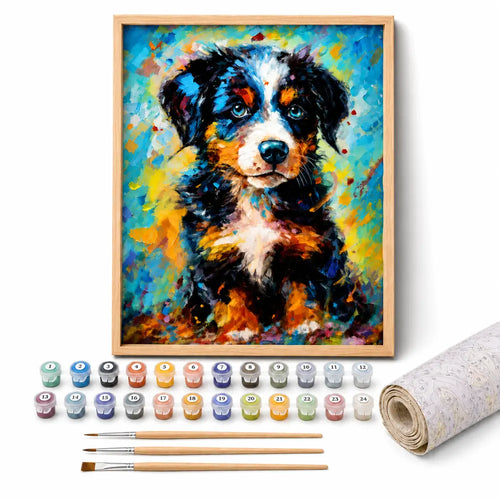 Bernese Mountain puppy paint by numbers kit: framed colorful artwork with numbered paint pots, brushes and rolled canvas
