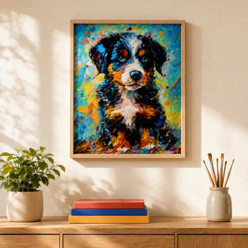 Finished Bernese puppy paint by numbers canvas framed on a living room wall