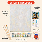 What is included: numbered canvas, reference sheet, 3 brushes and numbered paint pots