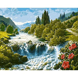 Highland Falls paint by numbers kit: mountain waterfall green valley retro