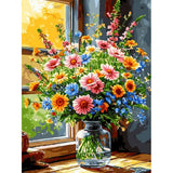 Morning Bouquet paint by numbers kit: colorful bouquet vase window light