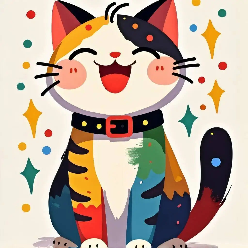 Happy Calico paint by numbers kit: cute cartoon calico cat sparkles