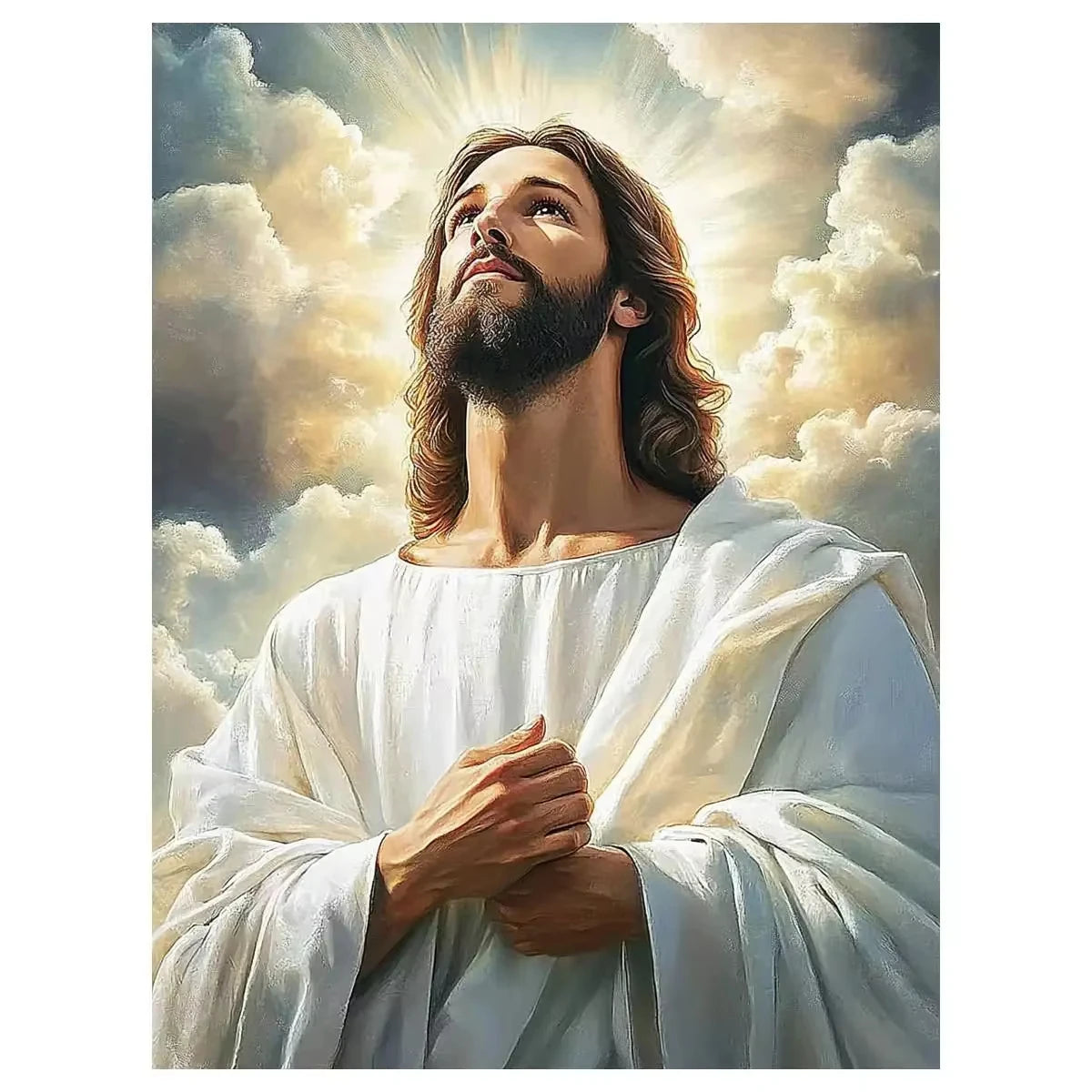 Risen Light paint by numbers kit: Jesus white robes golden clouds