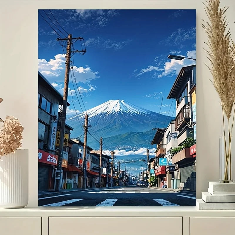 Fuji Street View paint by numbers kit: japan street mount fuji blue sky
