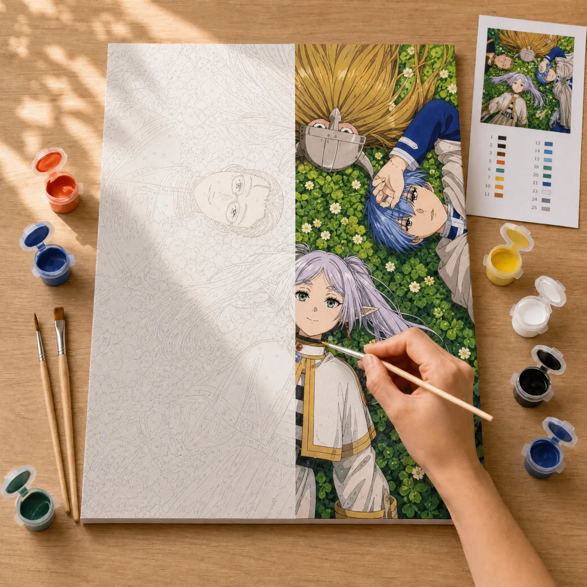 Adventurers Rest Paint by Numbers Kit: before and after: numbered canvas and hand painted result