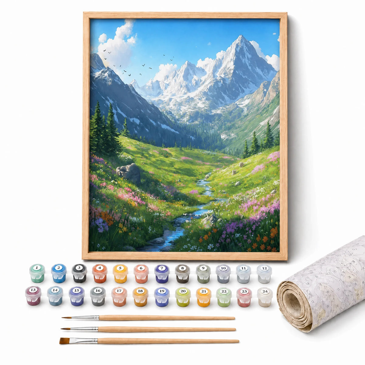 Alpine Wildflower Valley Paint by Numbers Kit: complete kit with framed artwork, numbered paint pots and brushes