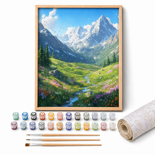 Alpine Wildflower Valley Paint by Numbers Kit: complete kit with framed artwork, numbered paint pots and brushes