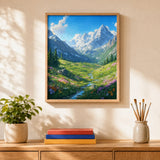 Alpine Wildflower Valley Paint by Numbers Kit: finished canvas displayed in a living room