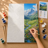 Alpine Wildflower Valley Paint by Numbers Kit: before and after: numbered canvas and hand painted result