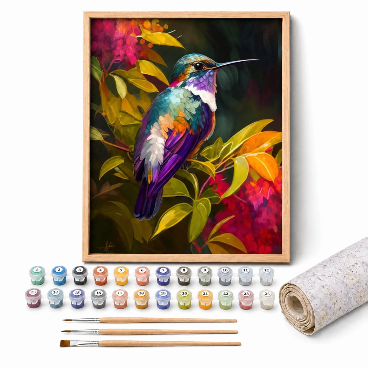 Amber Hummingbird Paint by Numbers Kit: complete kit with framed artwork, numbered paint pots and brushes